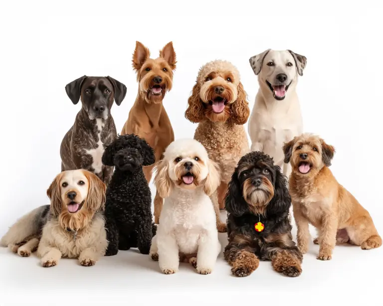 Engaging group of nine diverse dogs, both large and small breeds, sitting attentively and looking directly at the viewer at The Noble Nose Canine Boarding
