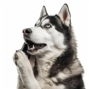 Humorous image of a husky dog holding a phone to its ear like a human, seemingly making a call, at The Noble Nose Canine Boarding